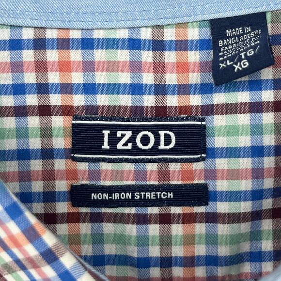 IZOD Shirt Mens XL Non Iron Stretch Poplin Plaid Button Up Cotton Blend Blue - Picture 4 of 15